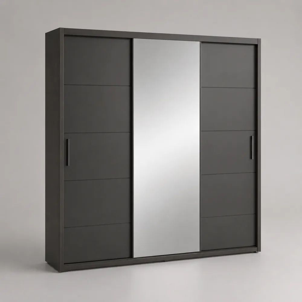 Armadio in legno con 3 ante scorrevoli e specchio centrale, antracite, 180 x 60 x 200 cm
