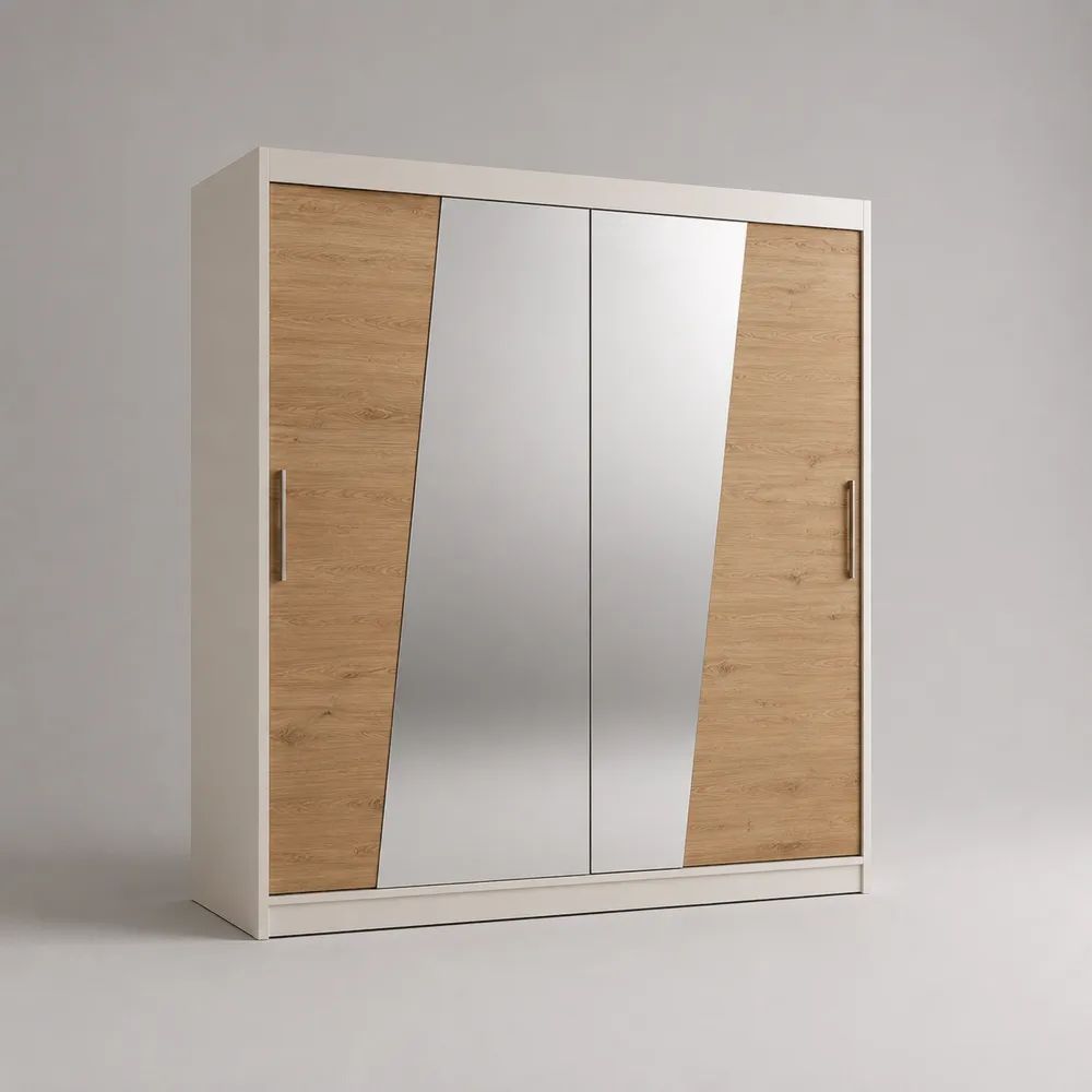 Armadio guardaroba rettangolare a 2 ante scorrevoli con specchi in pannelli truciolari melaminici, bianco e rovere naturale, 200 x 60 x 220 cm