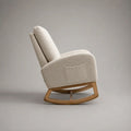 Poltrona a dondolo imbottita beige con braccioli, tasca laterale e base in legno, 72 x 94 x 100 cm