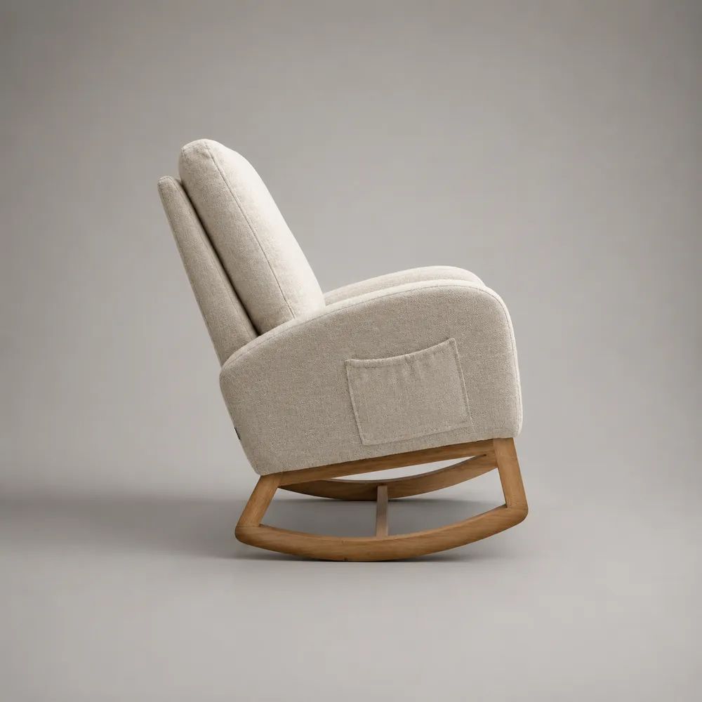 Poltrona a dondolo imbottita beige con braccioli, tasca laterale e base in legno, 72 x 94 x 100 cm