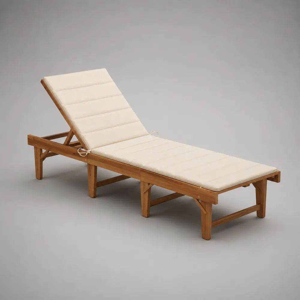 Lettino prendisole reclinabile da esterno in legno massello di acacia con cuscino crema, marrone, 200 x 65 x 35 cm