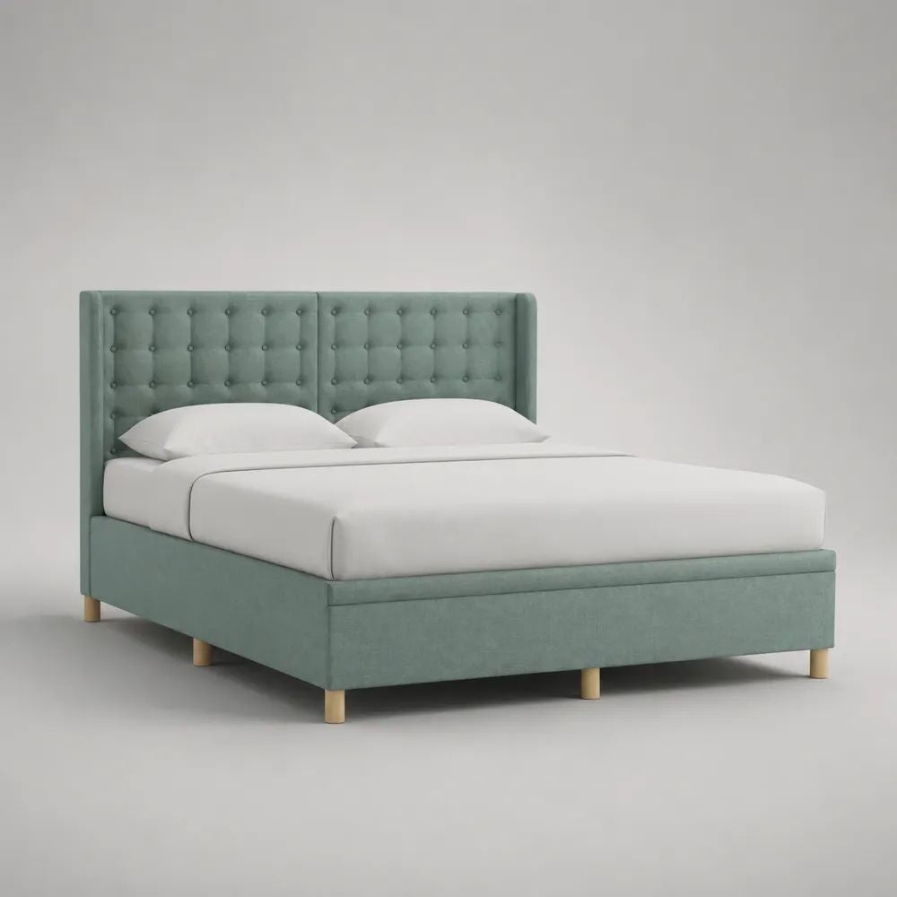 Letto matrimoniale imbottito 160 x 200 cm in poliestere effetto velluto verde salvia con testiera capitonné e rete a doghe