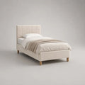 Letto singolo imbottito beige 90 x 200 cm in poliestere con testiera rettangolare, dimensioni 210 x 100 x 105 cm