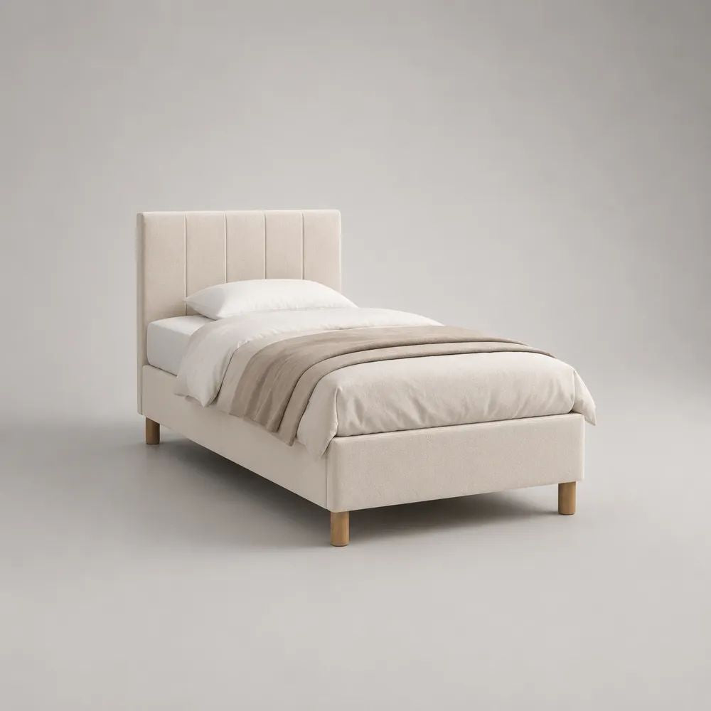 Letto singolo imbottito beige 90 x 200 cm in poliestere con testiera rettangolare, dimensioni 210 x 100 x 105 cm