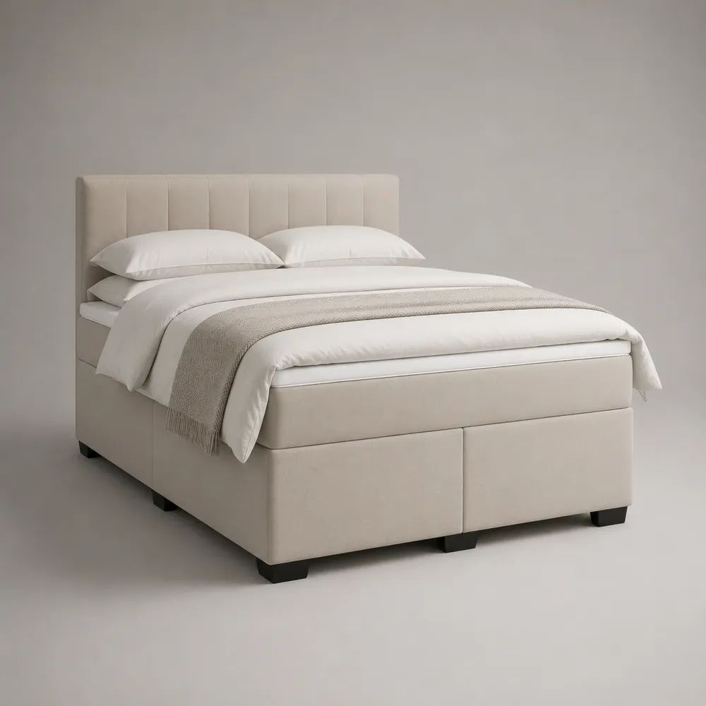 Letto matrimoniale boxspring imbottito in poliestere beige con materasso 160 x 200 cm, dimensioni complessive 170 x 210 x 120 cm