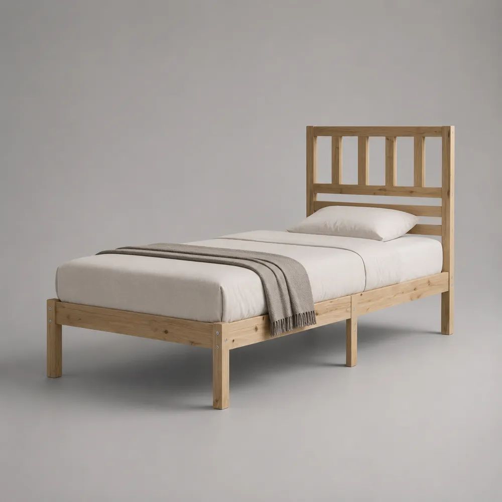 Struttura letto singolo in legno 90 x 200 cm, pino naturale, con testiera e rete a doghe