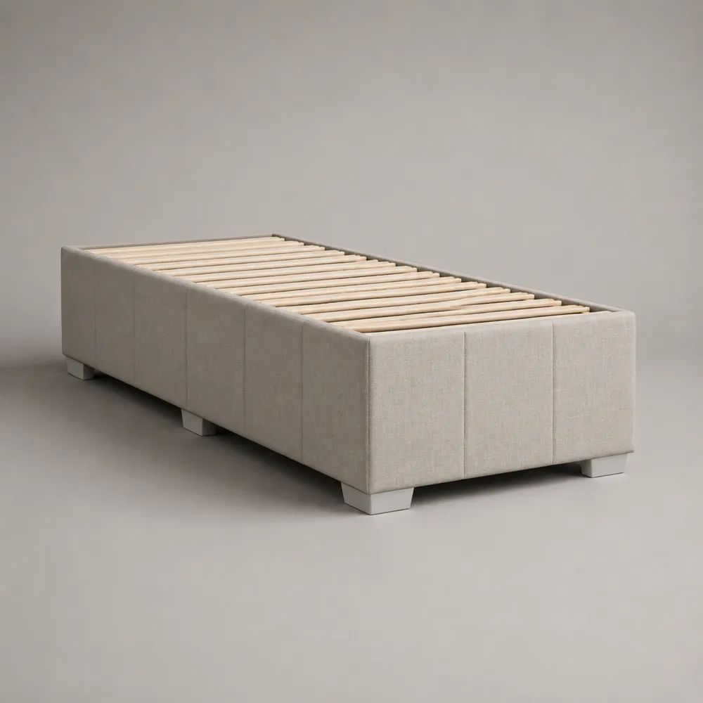 Letto singolo imbottito senza testiera con rete a doghe, tessuto beige, 100 x 210 x 45 cm, per materasso 90 x 200 cm