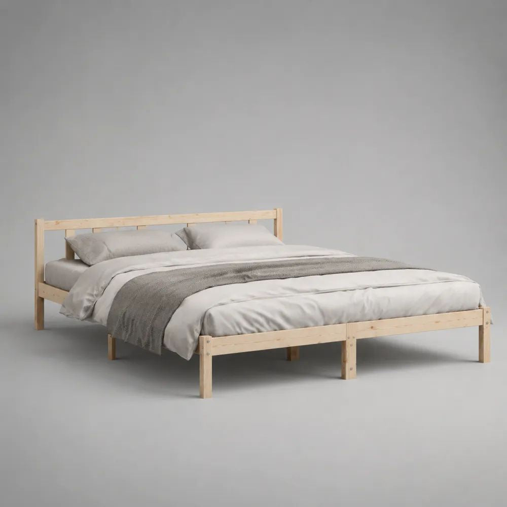 Letto matrimoniale 180 x 200 cm in pino massello naturale con testiera e rete a doghe