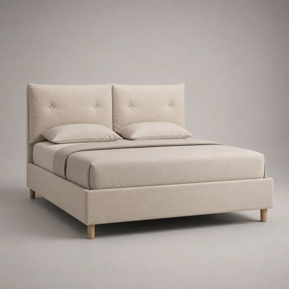 Letto matrimoniale imbottito 160 x 200 cm in poliestere beige con testiera a bottoni, piedini in legno naturale e rete a doghe