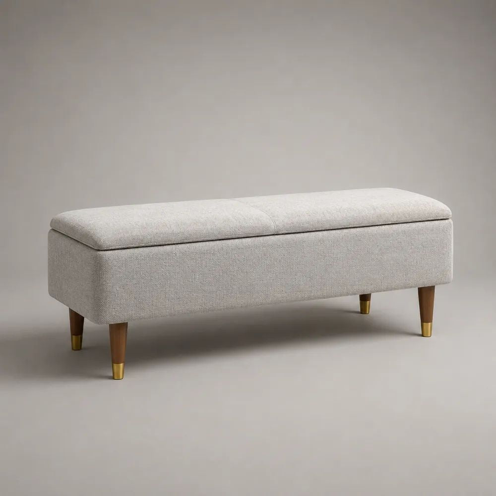 Panca contenitore rettangolare imbottita in tessuto grigio chiaro con gambe in legno, 120 x 42 x 48 cm