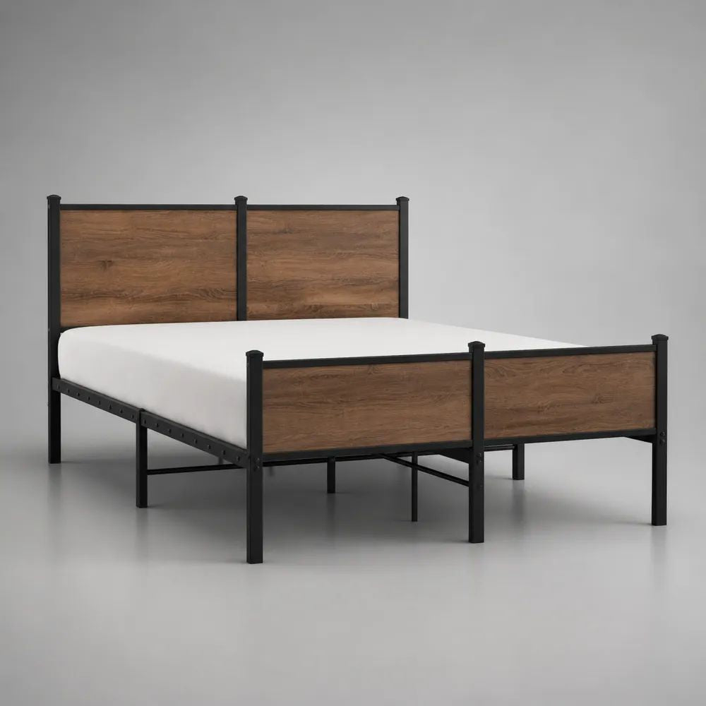 Letto matrimoniale 160 x 200 cm in acciaio e legno, nero e rovere marrone, 167 x 211 x 110 cm