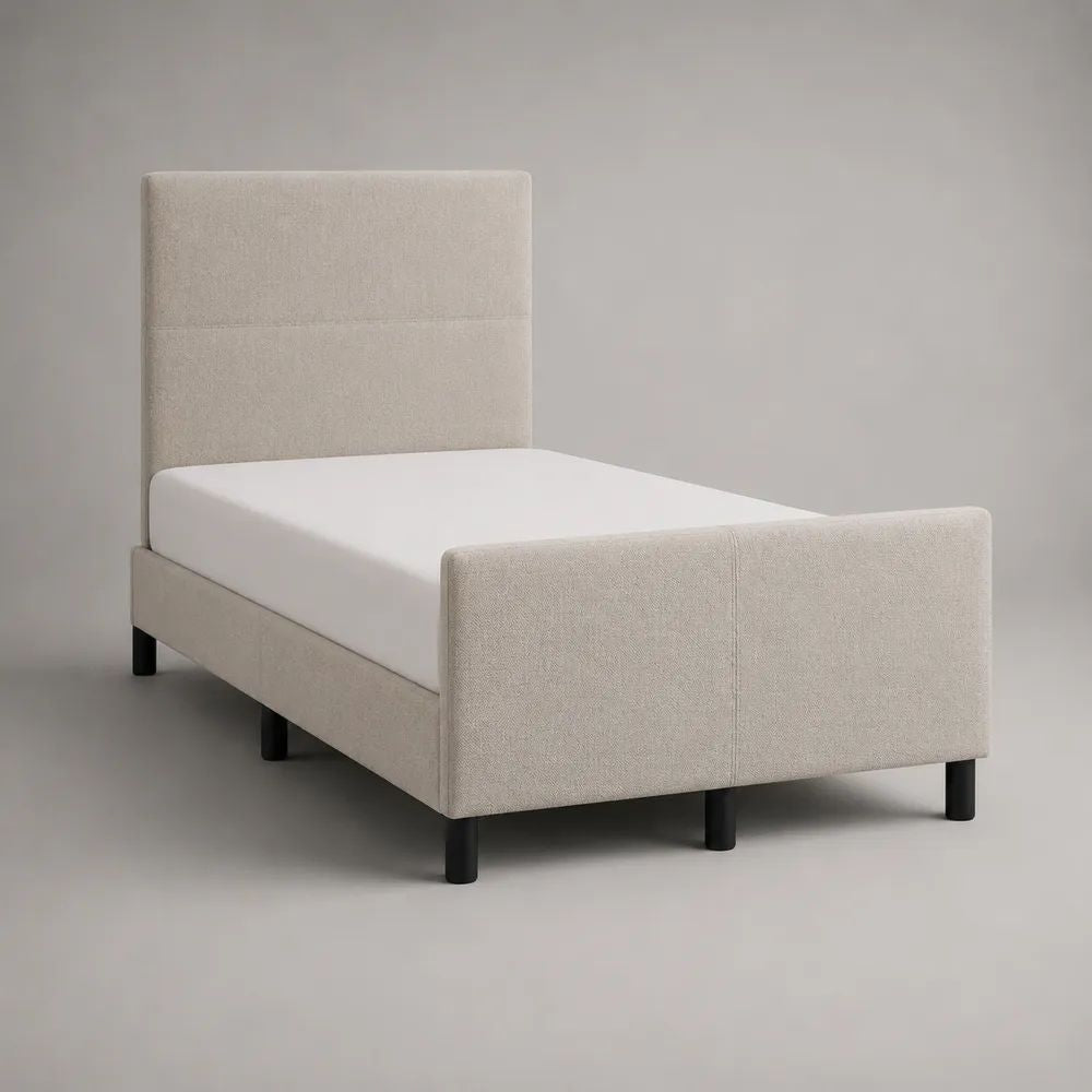Letto singolo imbottito in tessuto beige 90 × 200 cm con testiera alta, pediera e rete a doghe