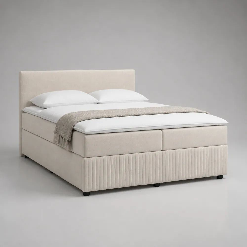 Set letto matrimoniale boxspring imbottito in tessuto beige 160 x 200 cm con testiera, 2 materassi e topper