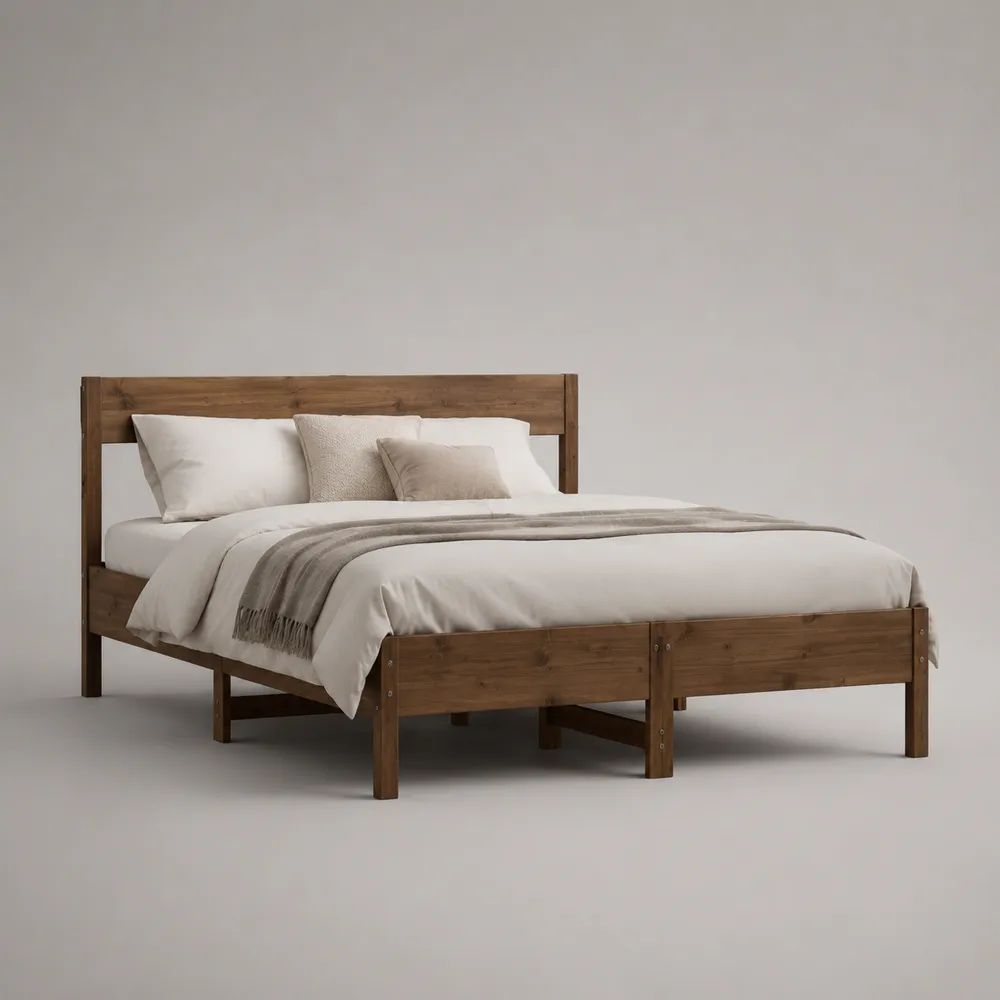 Letto matrimoniale 160 x 200 cm in pino massiccio marrone noce con testiera e rete a doghe, 208 x 166 x 100 cm