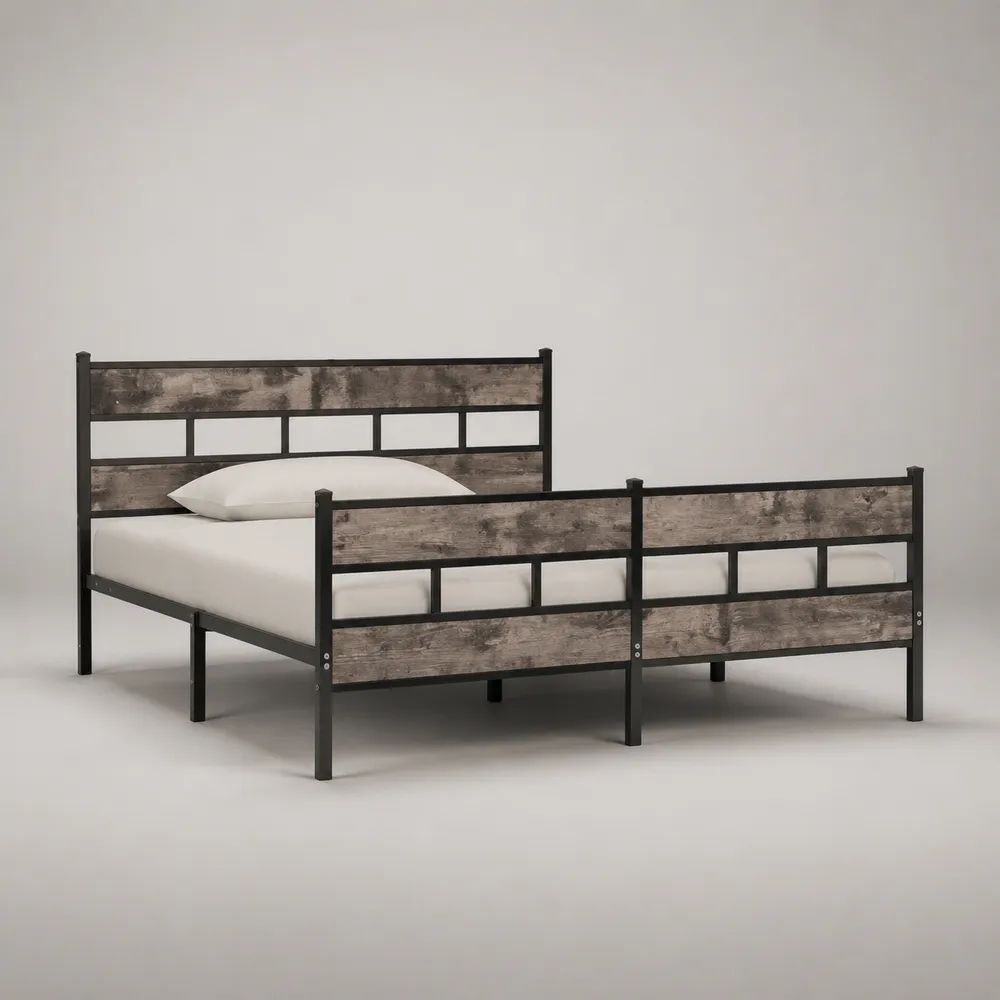 Letto singolo 90 × 200 cm con struttura in acciaio e MDF, nero, marrone e grigio