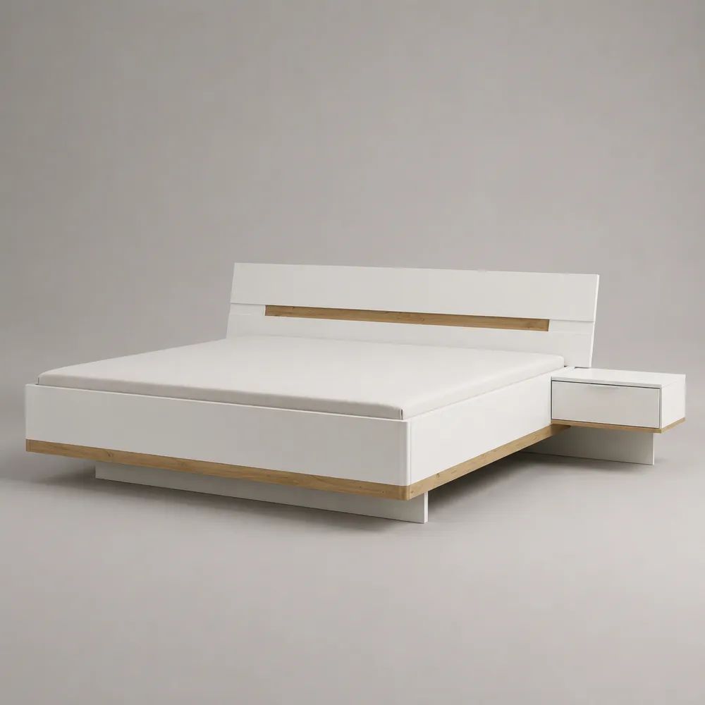 Set letto matrimoniale 160 x 200 cm con materasso e comodino sospeso, MDF bianco opaco e rovere naturale