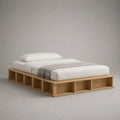 Letto matrimoniale con vani portaoggetti in legno, rovere naturale, per materasso 160 × 200 cm, dimensioni 224 × 184 × 38 cm