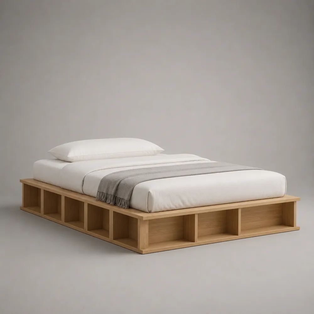Letto matrimoniale con vani portaoggetti in legno, rovere naturale, per materasso 160 × 200 cm, dimensioni 224 × 184 × 38 cm