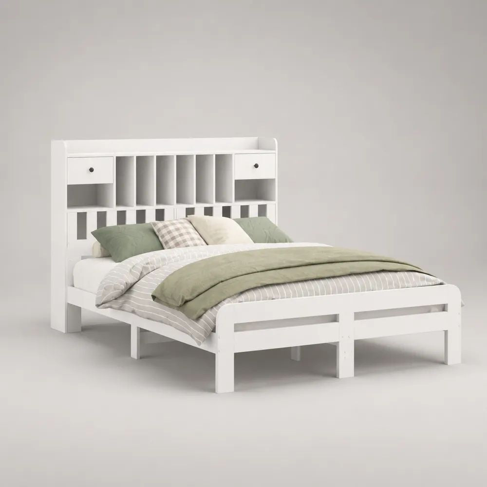 Letto matrimoniale 160 x 200 cm con testiera contenitore, 2 cassetti e struttura in legno e MDF, bianco