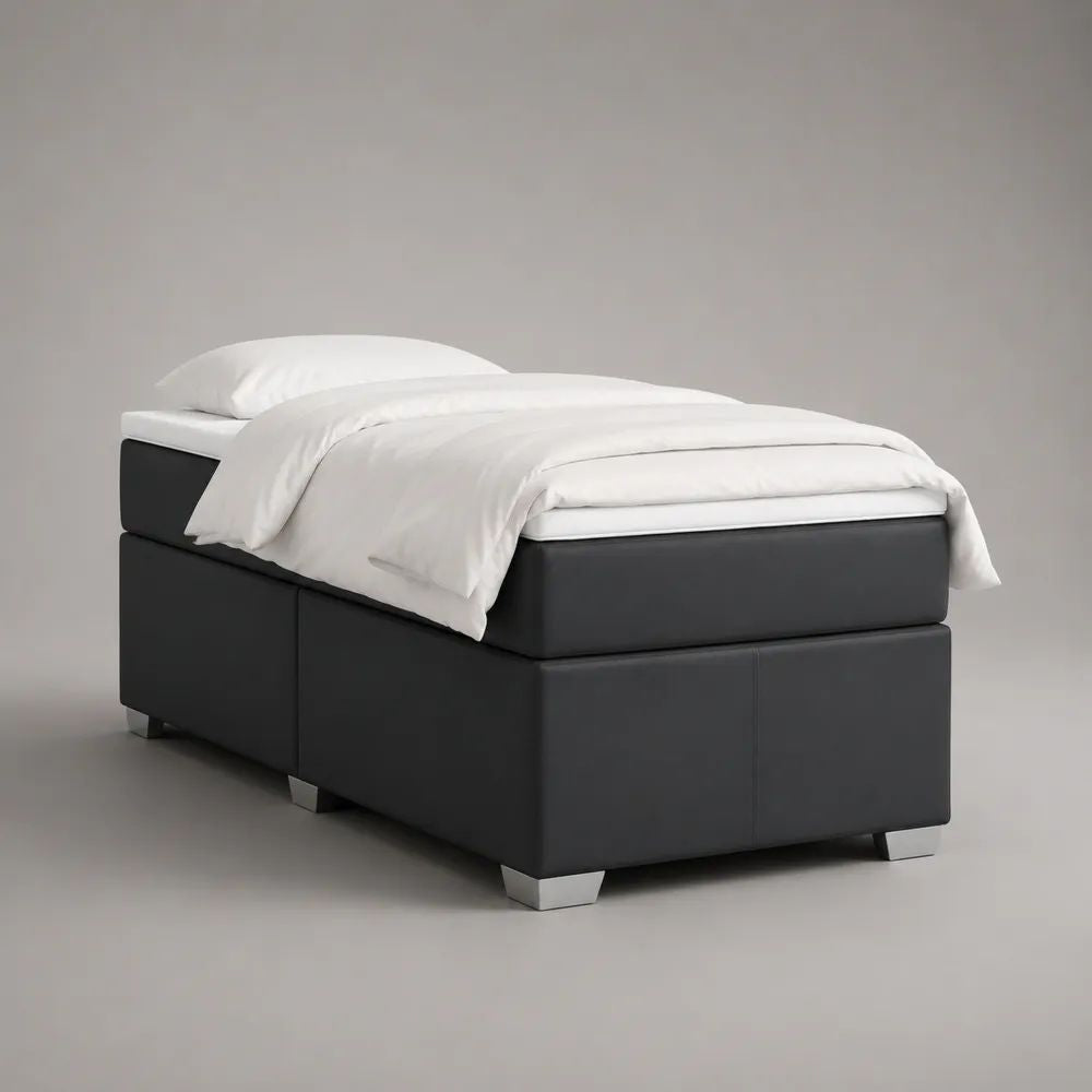 Letto boxspring singolo rettangolare in pelle sintetica nera con materasso 90 x 200 cm, dimensioni 95 x 205 x 60 cm