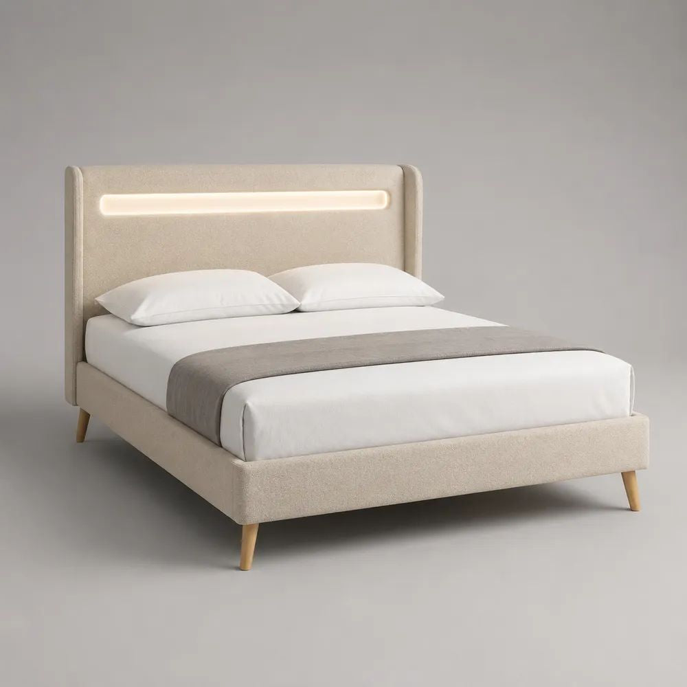 Letto matrimoniale imbottito beige 160 × 200 cm con testiera LED, rivestimento in tessuto bouclé e rete a doghe