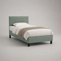 Letto singolo imbottito 90 x 200 cm in velluto verde salvia con testiera e rete a doghe