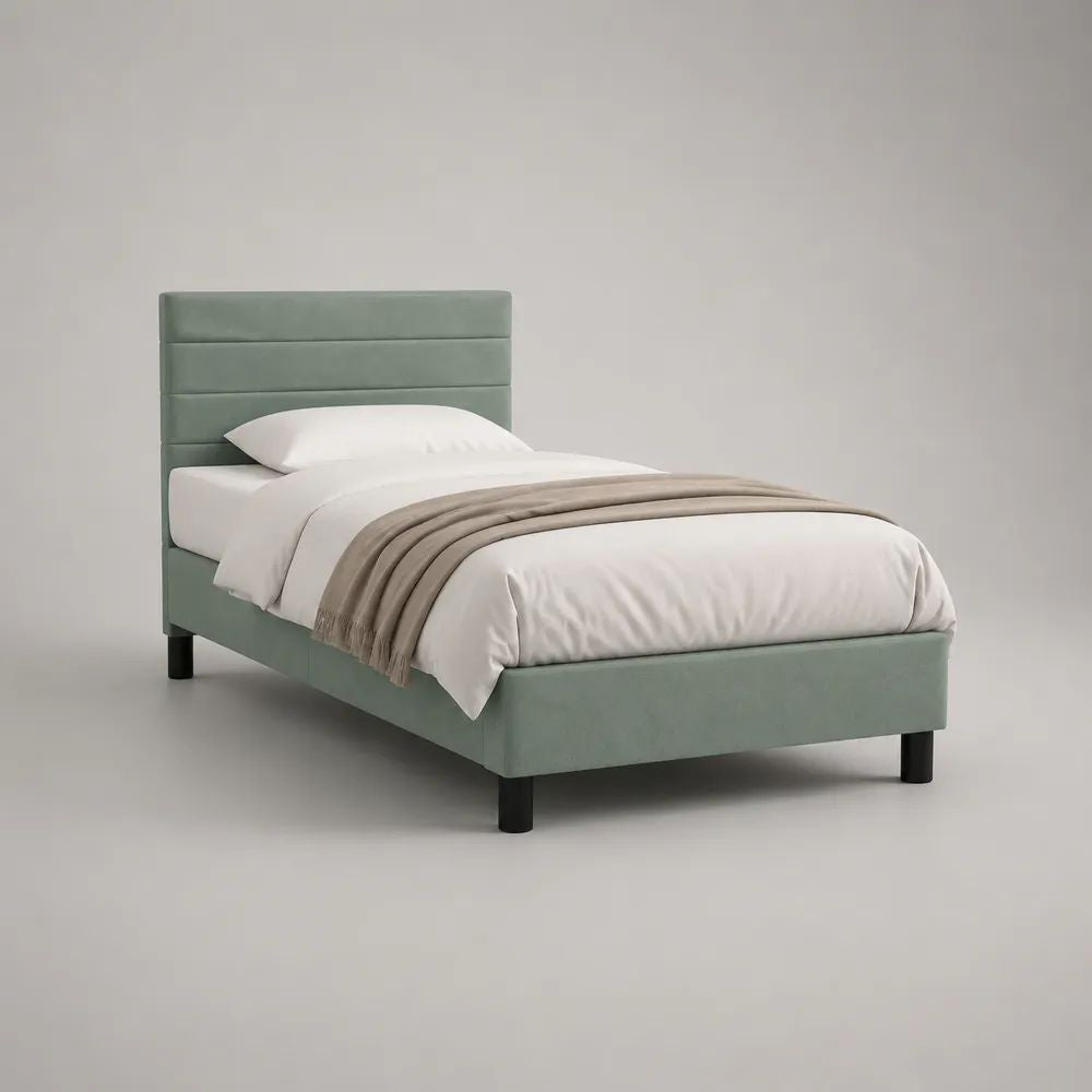 Letto singolo imbottito 90 x 200 cm in velluto verde salvia con testiera e rete a doghe