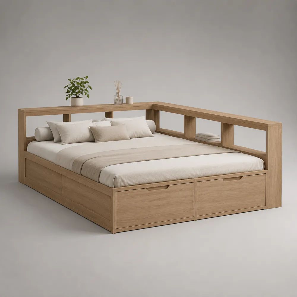 Letto matrimoniale in rovere massello con rete a doghe e 2 cassetti, rovere naturale, per materasso 160 × 200 cm, 178 × 218 × 105 cm