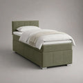 Letto singolo imbottito in velluto verde salvia con rete a doghe, per materasso 90 x 200 cm, dimensioni 100 x 212 x 110 cm