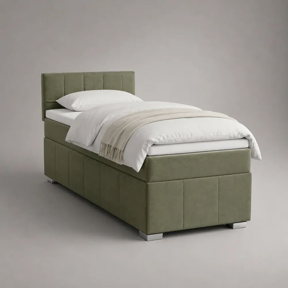 Letto singolo imbottito in velluto verde salvia con rete a doghe, per materasso 90 x 200 cm, dimensioni 100 x 212 x 110 cm