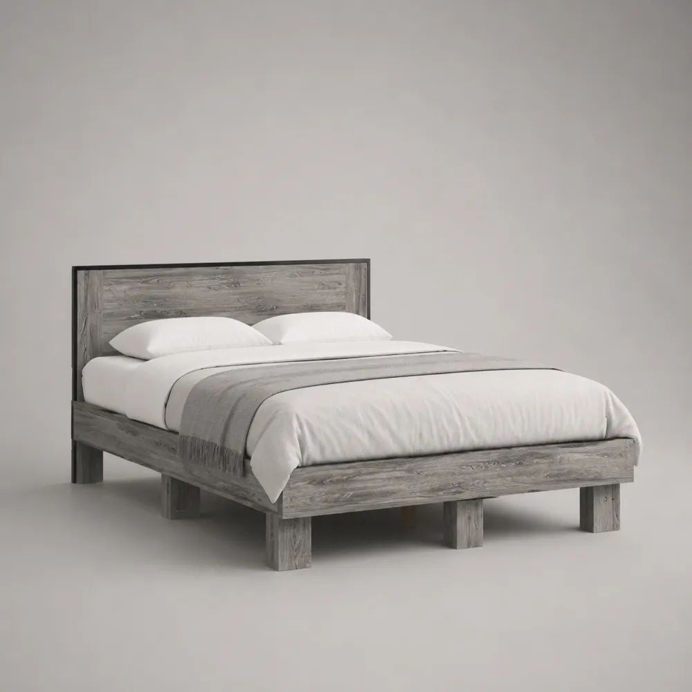 Letto matrimoniale 160 x 200 cm in pino massello grigio e antracite con testiera, 171 x 211 x 115 cm