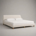 Letto matrimoniale imbottito in tessuto bouclé bianco crema e legno naturale, 178 × 220 × 100 cm, rete a doghe, materasso 160 × 200 cm