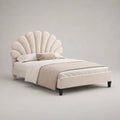 Letto matrimoniale imbottito 174 x 215 x 145 cm per materasso 160 x 200 cm in poliestere beige con testiera a conchiglia e gambe nere
