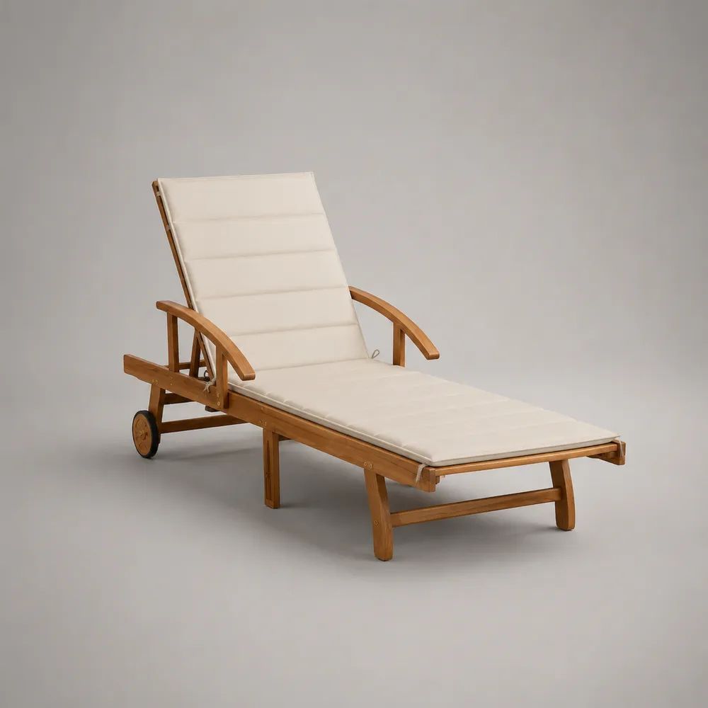 Lettino prendisole reclinabile in legno massello di acacia con cuscino crema e ruote, 200 x 67 x 30 cm