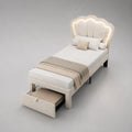 Letto singolo imbottito con testiera a conchiglia LED e cassetto contenitore, poliestere bianco crema, 90 x 200 cm