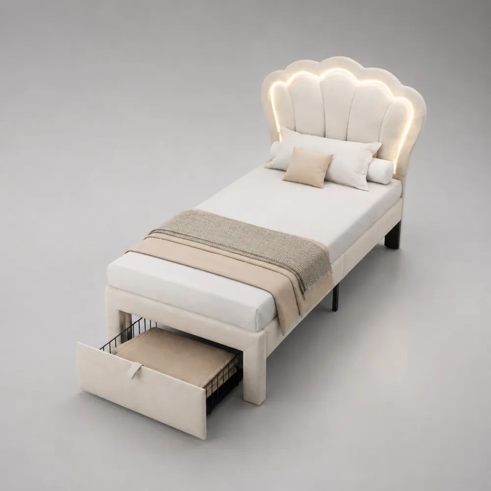 Letto singolo imbottito con testiera a conchiglia LED e cassetto contenitore, poliestere bianco crema, 90 x 200 cm
