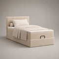 Letto singolo contenitore imbottito in poliestere crema con rete sollevabile, 215 x 103 x 110 cm, per materasso 90 x 200 cm