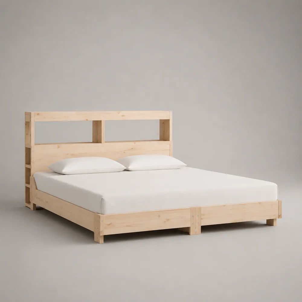 Letto matrimoniale in pino massello naturale 160 × 200 cm con testiera e vani portaoggetti aperti