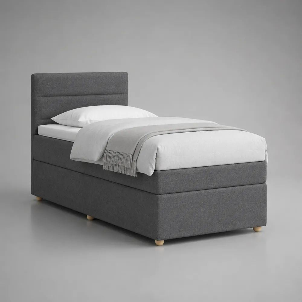 Letto singolo imbottito in poliestere grigio con testiera e rete 90 x 200 cm, dimensioni 101 x 211 x 110 cm