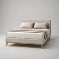 Letto matrimoniale imbottito 160 x 200 cm, dimensioni 173 x 215 x 105 cm, in tessuto beige con struttura e gambe in legno